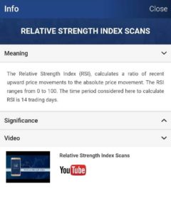 A snap of the StockEdge app showing information related to Relative Strength Index scans.