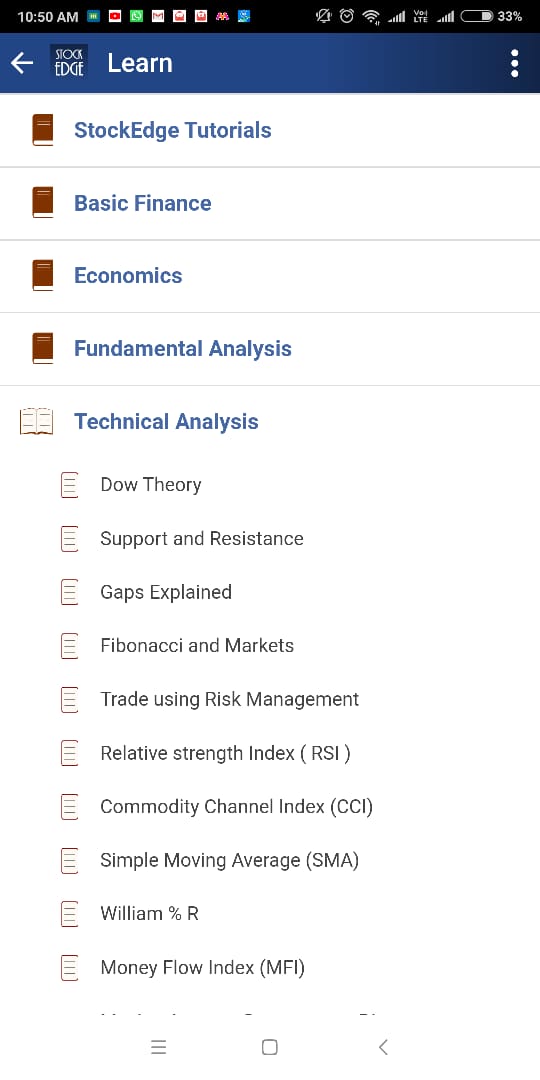 Screenshot of StockEdge App of the Learn section showing various items to study related to Stock Market.