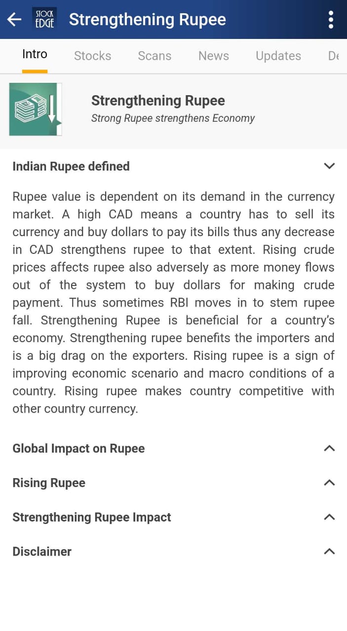 This is a screenshot of an article about the Indian Rupee strengthening on a mobile phone. The article is titled “Strengthening Rupee” and has three sections: “Indian Rupee strengthens on its economy”, “Global Impact”, and “Strengthening Rupee Impact”.The article has a graphic of the Indian Rupee symbol in green.