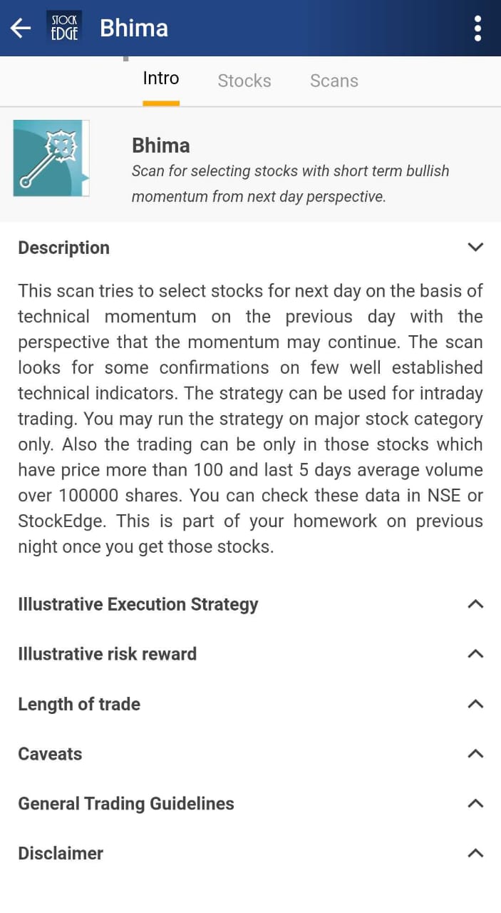  A screenshot of a stock trading app called “StockEdge”. The screenshot shows a strategy called “Bhima”.The strategy is described as “Scan for selecting stocks with short term bullish momentum from next day perspective.