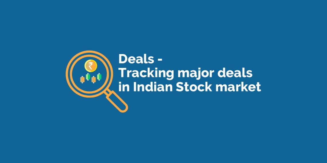 A magnifying glass with a chart and text that reads ‘deals - tracking major deals in indian stock market’ on a blue background