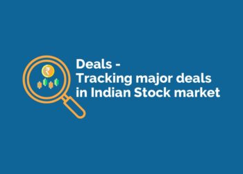 A magnifying glass with a chart and text that reads ‘deals - tracking major deals in indian stock market’ on a blue background