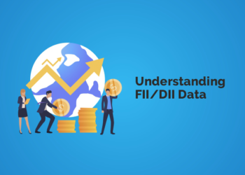 Illustration of three people analyzing financial data. The background is a solid blue color. The people are standing in front of a globe with an arrow pointing upwards. The people are holding stacks of coins and analyzing data on a laptop. The text ‘understanding fii/dii data’ is written in black font on the right side of the image.