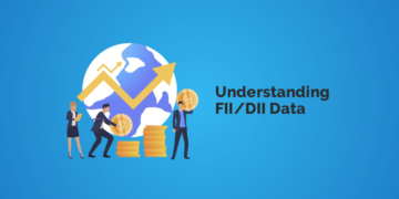 Illustration of three people analyzing financial data. The background is a solid blue color. The people are standing in front of a globe with an arrow pointing upwards. The people are holding stacks of coins and analyzing data on a laptop. The text ‘understanding fii/dii data’ is written in black font on the right side of the image.