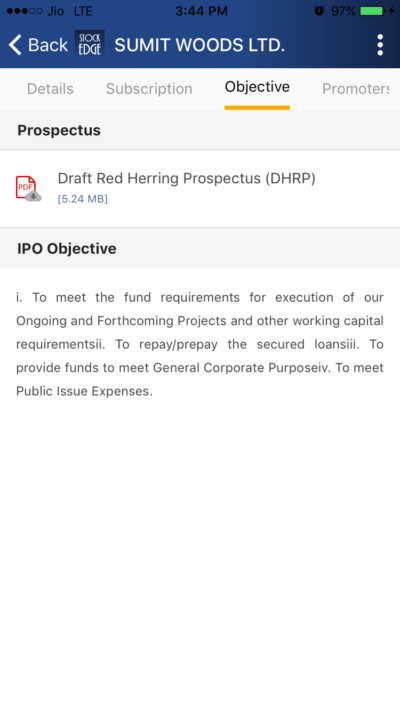 A screenshot taken from stockedge screen displaying a document titled “red herring prospectus (dhrp)” with text below it. The text below the title reads “ipo objective” and “public issue expenses