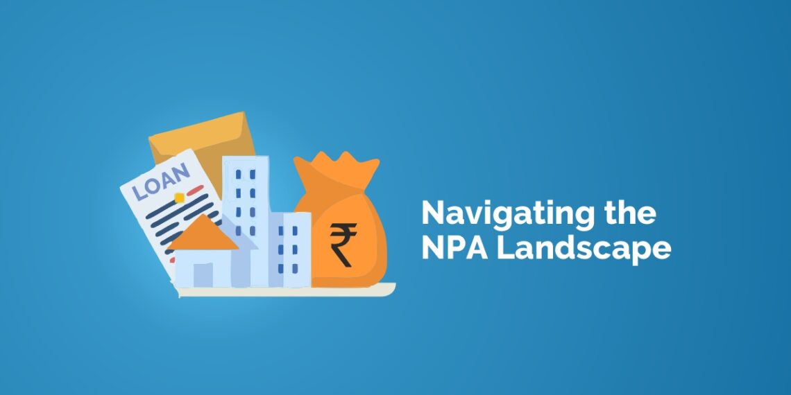 Illustration of a loan document, a building, and a bag of money with the text “navigating the npa landscape” on a blue background.