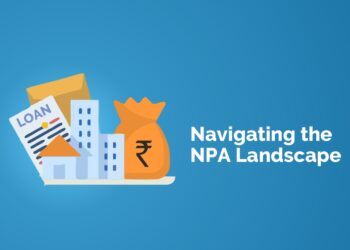 Illustration of a loan document, a building, and a bag of money with the text “navigating the npa landscape” on a blue background.