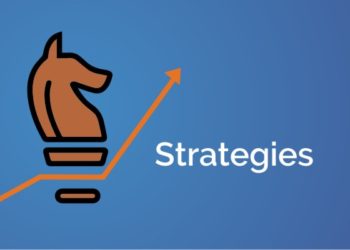A graphic of a chess knight piece with an orange arrow pointing upwards and the word ‘strategies’ written in white text on a blue background.