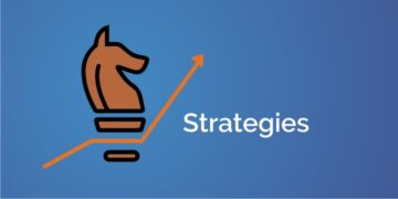 A graphic of a chess knight piece with an orange arrow pointing upwards and the word ‘strategies’ written in white text on a blue background.