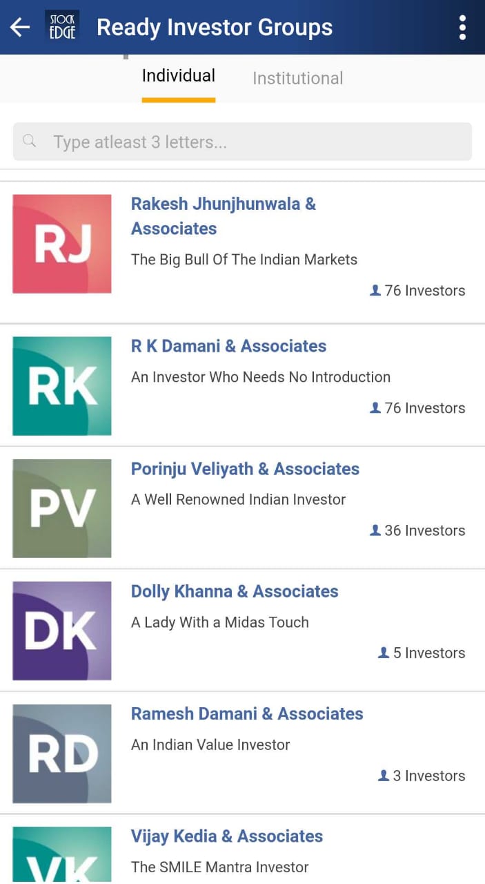 A screenshot of a list of investor groups on a mobile app. The app is called “stock edge”. The list has 7 investor groups.