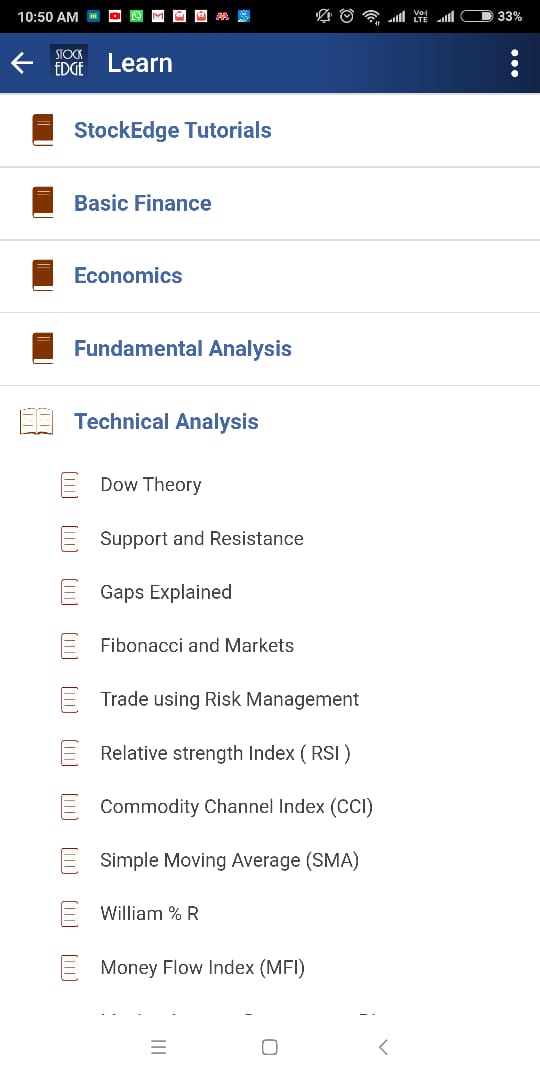 Screenshot of stockedge app of the learn section showing various items to study related to stock market.