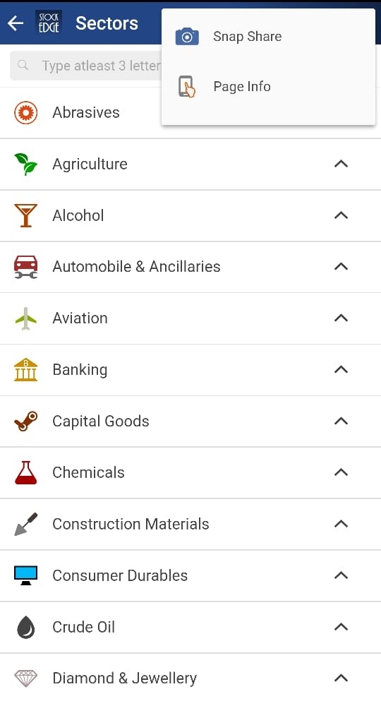 This is a screenshot of a list of sectors in the stock market on a mobile app. The app is called “stock edge” and the page is titled “sectors”. The sectors included in the list are: agrochemicals, alcoholic beverages, automobile & ancillaries, aviation, banking, capital goods, cement & construction materials, consumer durables, crude oil, diamond & jewellery. There is a search bar at the top of the page and a “snap share” button at the top right corner.