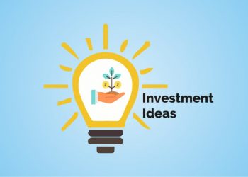A bright light bulb with a plant growing in a hand inside it, symbolizing investment ideas, against a blue background. Rays of light emanate from the glowing bulb, indicating it is on or shining brightly. To the right of the light bulb, “investment ideas” is written in bold black letters.