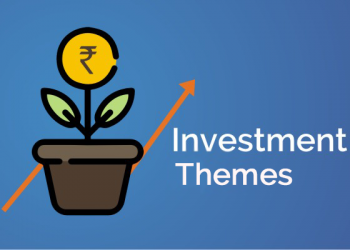 A graphic of a plant n a pot with a coin on top and an arrow pointing upwards. It represents investment themes in a blue background.