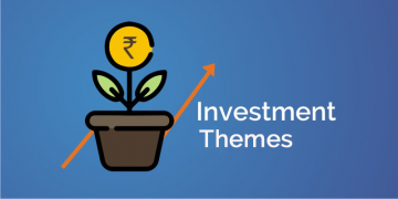 A graphic of a plant n a pot with a coin on top and an arrow pointing upwards. It represents investment themes in a blue background.