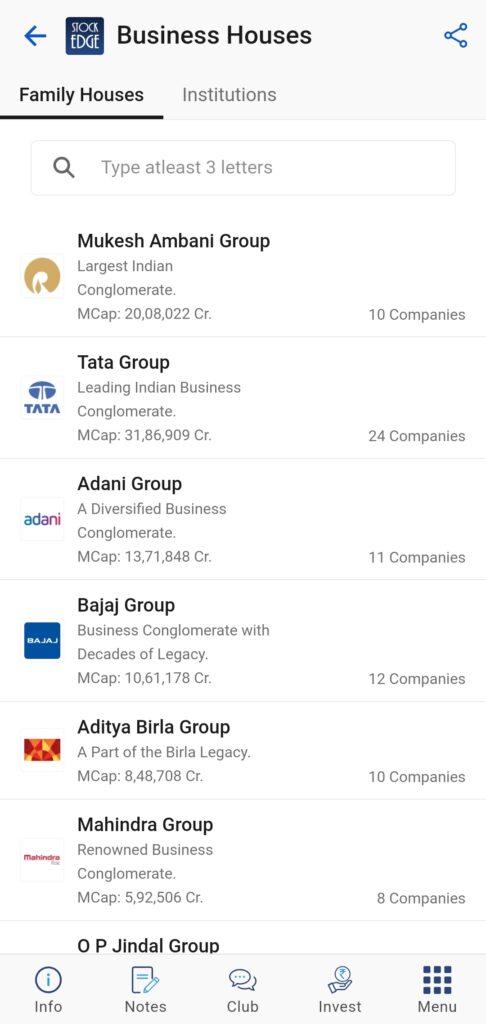 Check out the business house section  of stockedge where you will get valuable insights