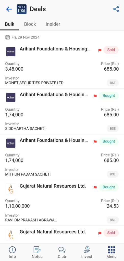 Check out the deal section  of stockedge where you will get valuable insights