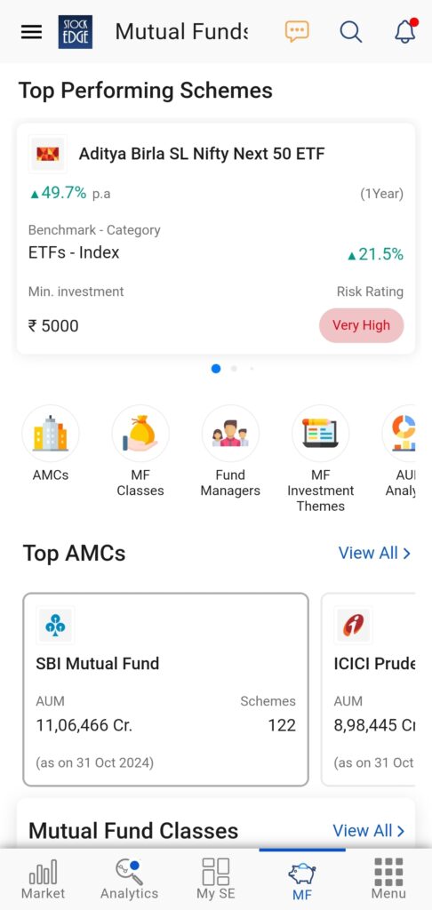 Check out the mutual fund home section  of stockedge where you will get valuable insights