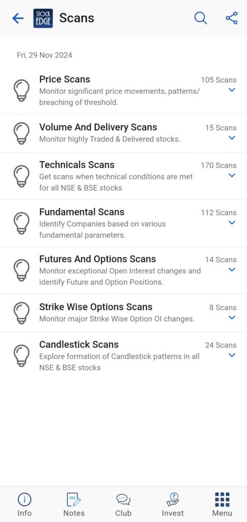 Check out the scans section  of stockedge where you will get valuable insights