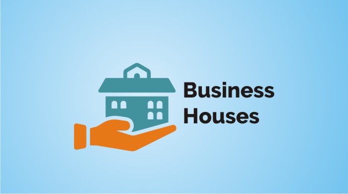 An illustration showing a hand presenting a green and dark blue stylized house icon with windows, a door, and an attic window on a light blue background. To the right of the hand and house icon, there is black text that reads “business houses”.