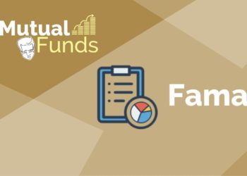 A clipboard with a graph showing mutual fund performance, with the text "mutual funds" and "fama" above it.