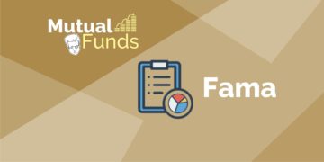 A clipboard with a graph showing mutual fund performance, with the text "mutual funds" and "fama" above it.