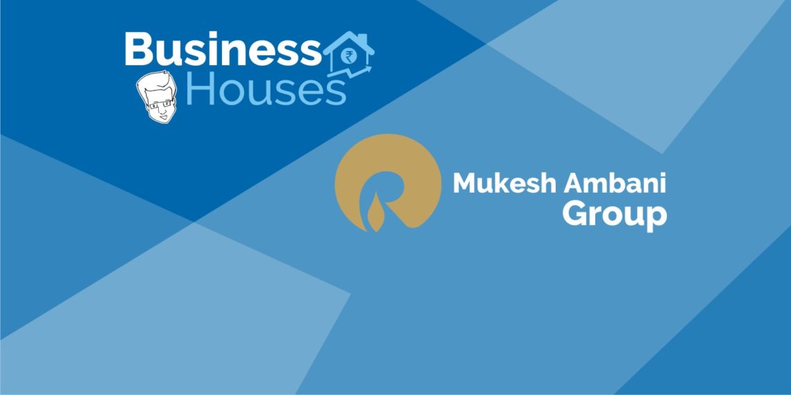 Business houses and mukesh ambani group logos on a blue background.