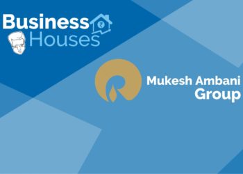 Business houses and mukesh ambani group logos on a blue background.