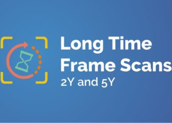A logo with the text "long time frame scans" in blue and white, with a line graph underneath and the text "2y" and "5y" to the right. The logo appears on a blue background.