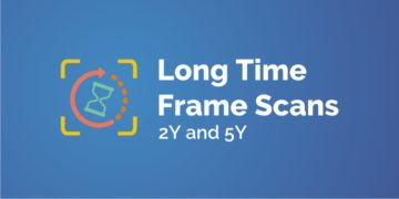 A logo with the text "long time frame scans" in blue and white, with a line graph underneath and the text "2y" and "5y" to the right. The logo appears on a blue background.