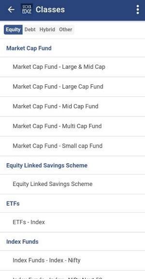 Snap of stockedge app showing list of investments options. The list is divided into different categories: equity, debt, hybrid, other. Under equity, there are options for market cap fund - large & mid cap, market cap fund - large cap fund, market cap fund - mid cap fund, market cap fund - small cap fund, equity linked savings scheme, etfs - index, and index funds - nifty.