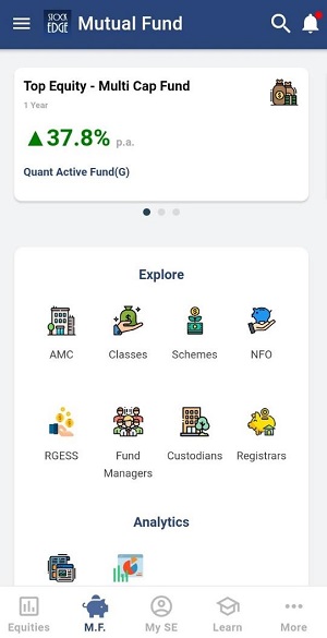 image of the screenshot from teh StockEdge app from the Mutual Fund section.The top of the app has a header that reads “Top Equity - Mutual Fund”. Below the header, there is a statistic that reads “37.8% p.a.” and “Quant Active Fund(G)”. Below the statistic, there are various options such as “Explore”, “AMC”, “Classes”, “Schemes”, “NFO”, “RGESS”, “Fund Managers”, “Custodians”, “Registrars”, and “Analytics”. The bottom of the app has a tab bar with options for “Equities”, “M.F.”, “My SE”, and “More”.