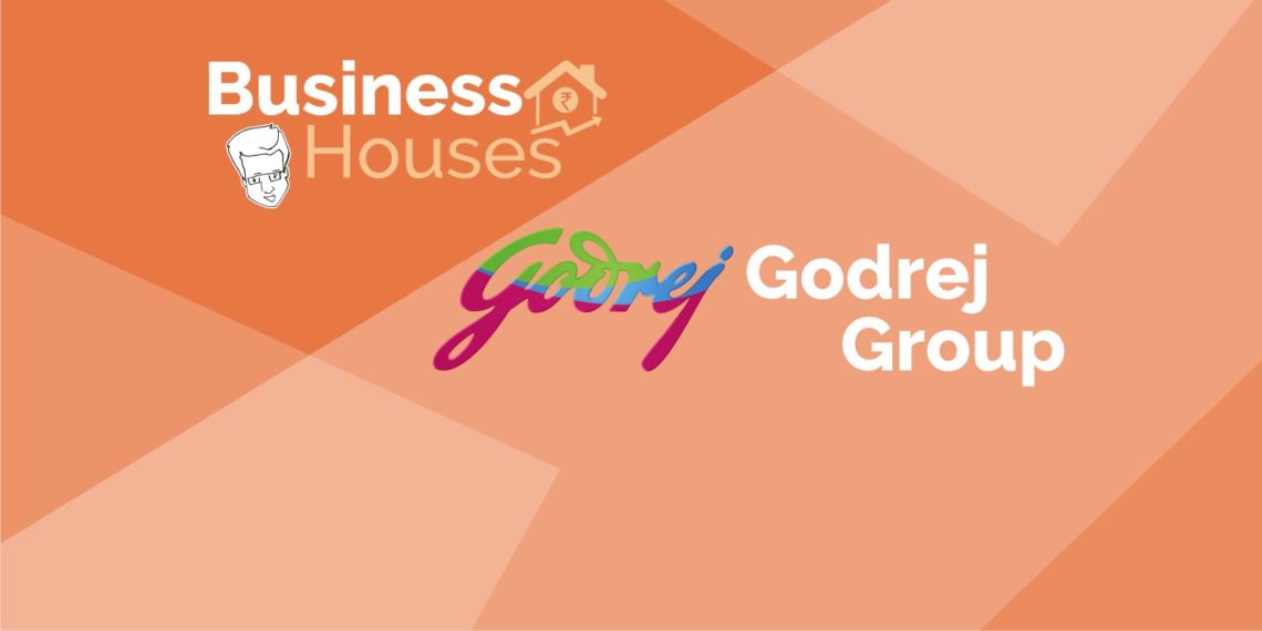 The logos of business houses and godrej group, a prominent indian conglomerate, displayed side by side on an orange background.