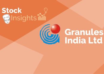 A graphic with a peach background. On the left side, there are the words “stock insights” and “granules india ltd” in black text. In the center, there is a blue fingerprint-like design with a red ball on top. On the left side, there is a white icon of a person’s head with a lightbulb above it