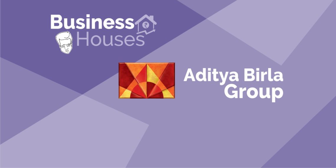 A purple background with a white and gray aditya birla group logo with the words 