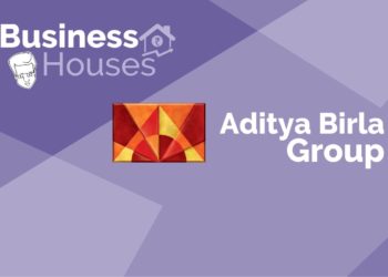 A purple background with a white and gray aditya birla group logo with the words "aditya birla group" in a violet background.