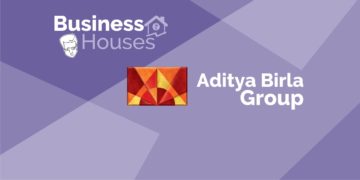 A purple background with a white and gray aditya birla group logo with the words "aditya birla group" in a violet background.