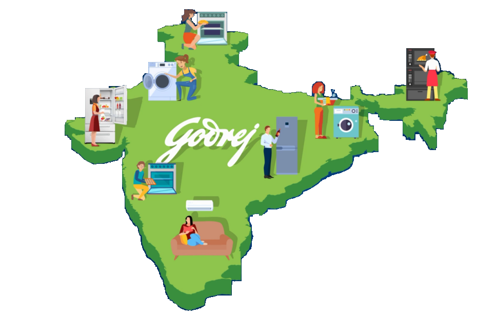 Green map of india with godrej written in the center and people using home appliances