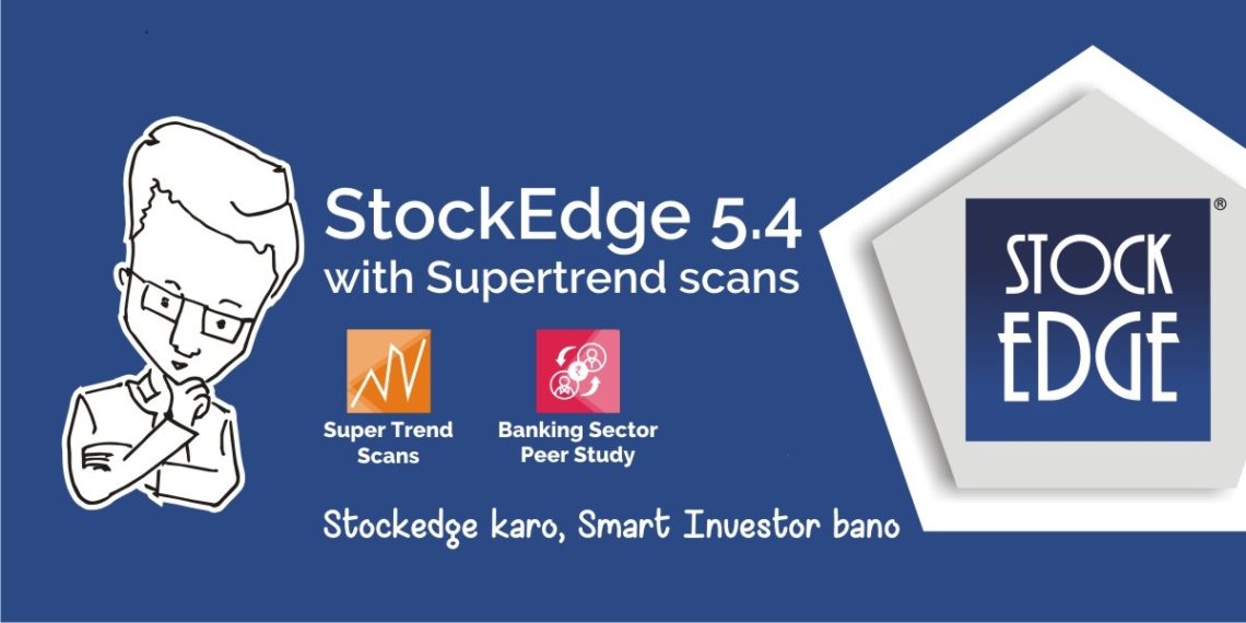 The image is an advertisement for “stockedge 5. 4 with supertrend scans.