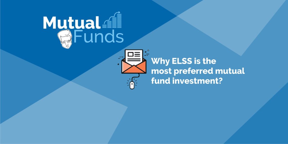 A graphic with a blue background has a white text box with black text that reads “why elss is the most preferred mutual fund investment? ” the graphic has three icons: a bull, an envelope, and a key.