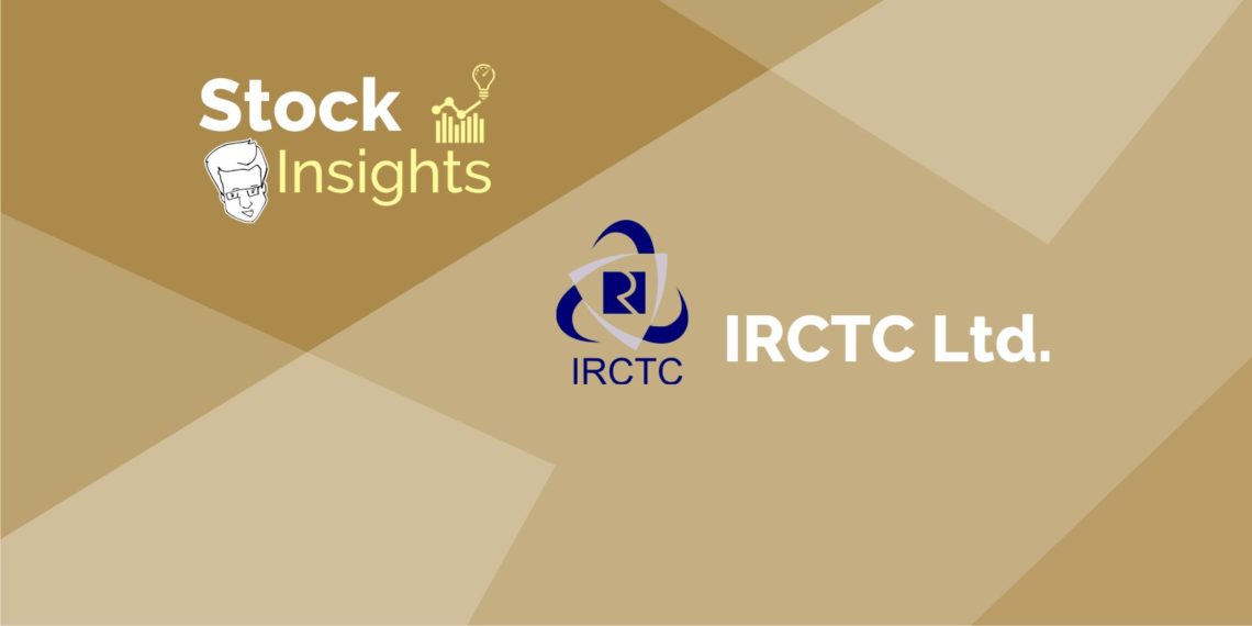 A logo for stock insights and irctc ltd. On a brown background.