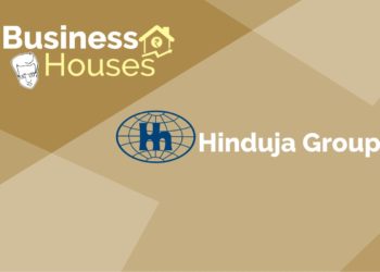 A brown background with the text "business houses" in brown letters and the hinduja group logo.