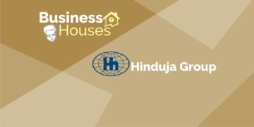 A brown background with the text "business houses" in brown letters and the hinduja group logo.