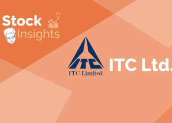 A graphic image featuring the logo and name of ‘stock insights’ on the left, and the logo and name of ‘itc ltd. ’ on the right, set against a geometric background in shades of orange.