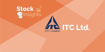 A graphic image featuring the logo and name of ‘stock insights’ on the left, and the logo and name of ‘itc ltd. ’ on the right, set against a geometric background in shades of orange.