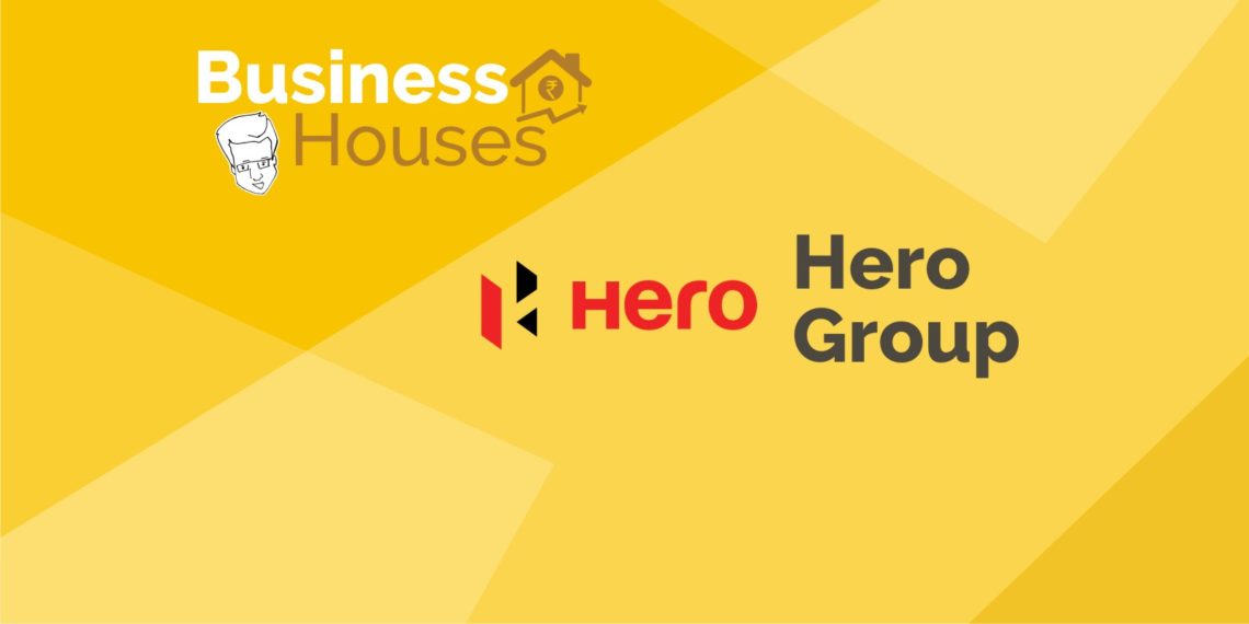 A collage of logos for various business houses and the hero group, set against a yellow background