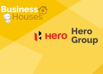A collage of logos for various business houses and the hero group, set against a yellow background