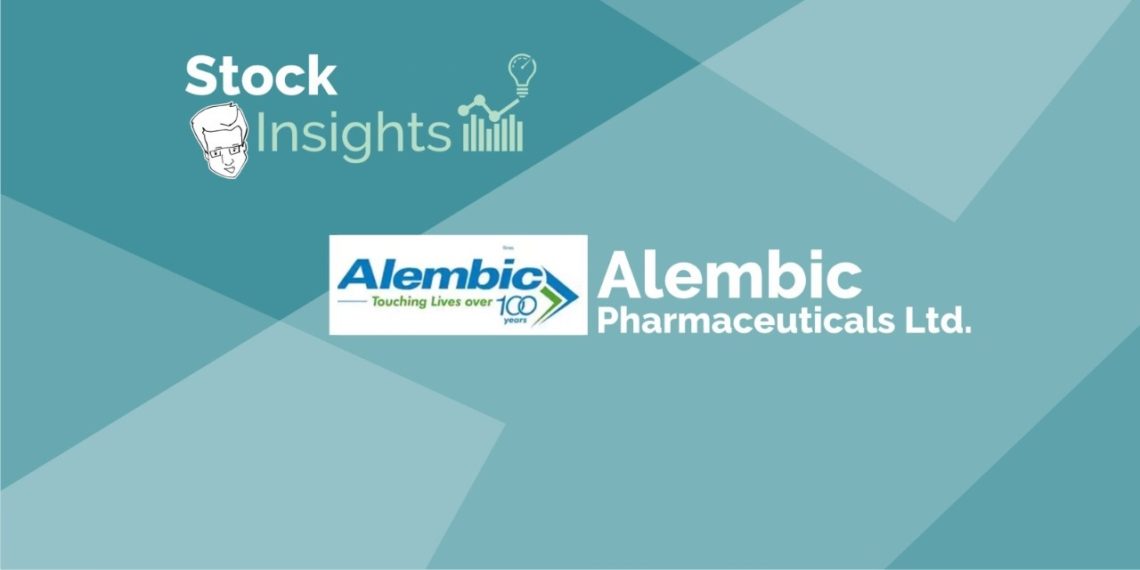Logos of stock insights and alembic pharmaceuticals ltd. On a blue background.