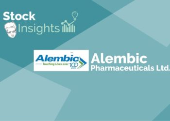 Logos of stock insights and alembic pharmaceuticals ltd. On a blue background.