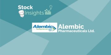 Logos of stock insights and alembic pharmaceuticals ltd. On a blue background.